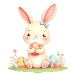 A cute cartoon Easter bunny with soft fur, big sparkling eyes, and a cheerful smile, sitting on grass surrounded by colorful decorated eggs. Transparent background. 