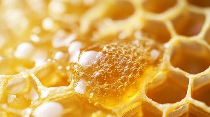 Close-up of shiny honeycomb filled with golden honey