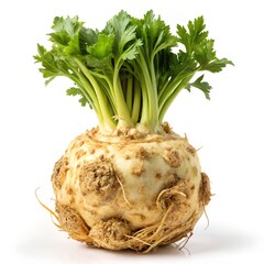 Celeriac (Celery Root), fresh and organic, detailed texture, root hairs and earthy surface visible, studio lighting, isolated on pure white background 