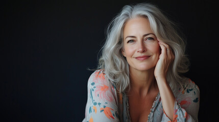 Mature woman smiles gently as she touches her soft, smooth skin, appreciating the anti-aging serum that has revitalized her complexion. Her skin appears moisturized and visibly you