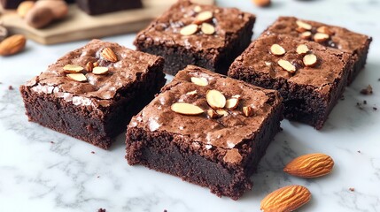 Chocolate brownies with gooey fudge center and crunchy almond topping for extra texture