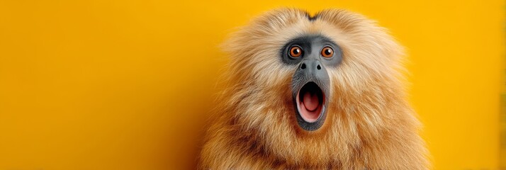 Amazed Golden Lion Tamarin With Open Mouth And Shocked Expression On Vibrant Yellow Background