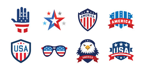 4th of July vector elements set. Collection of American Independence Day vectors, shield, banner, hat, sunglass, map collection