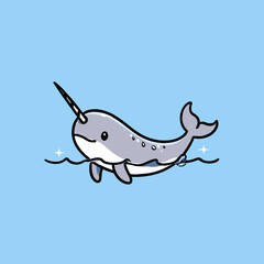 Fototapeta premium Cute cartoon narwhal swimming in the ocean