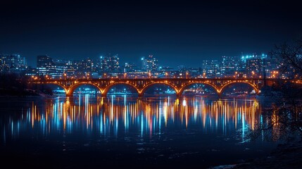 Illuminated bridge at night over a river
