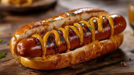 Savory grilled hot dog with mustard on a rustic wooden table