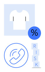 T-shirt representation, percentage graphic, phone icon, and stacked letters forming RISK. Ideal for business risk, customer support, marketing, finance, apparel analytics abstract line flat