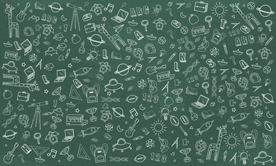 Concept of education School background chalkboard with different stuff. Welcome back to school design vector.