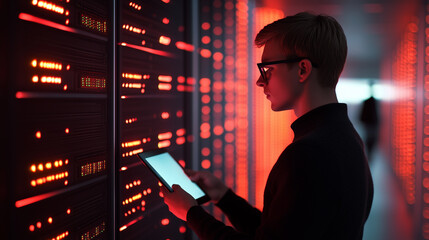 Engineer in glasses reviews system performance on a tablet, standing among rows of modern server units. Bright status lights and mirrored server doors create a high-tech visual con