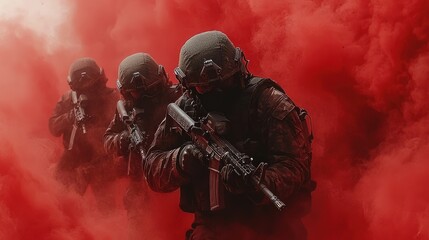 Fototapeta premium Military operation in dense smoke