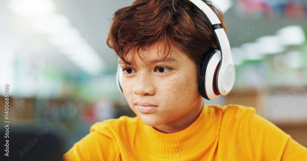 Aufkleber Boy, child and headphones with computer at library for e learning, study and development with streaming. Kid, pc and sound with subscription for video, education and school project with scholarship