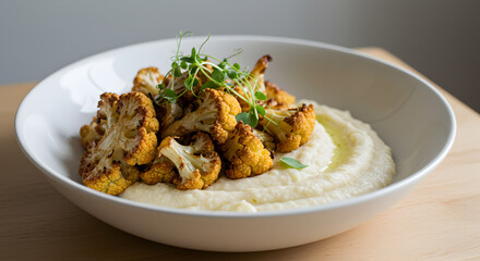Roasted Cauliflower and Garlic Mash Bowl Garnished with Fresh Herbs
