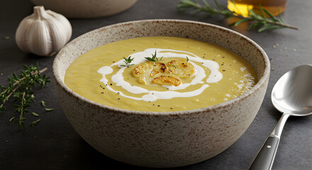 Creamy Roasted Cauliflower And Garlic Soup With Heavy Cream Close Up