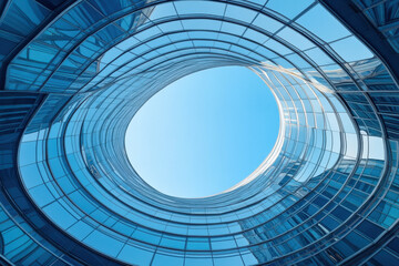 Naklejka premium Circular glass structure reflects blue sky - minimalist elegance against the vivid backdrop.