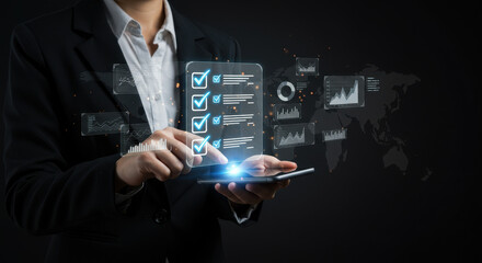 Business Analytics: Checklist & Data on Smartphone. Finance, Project Management, Strategy, Success, Productivity & Task Completion