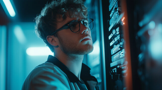 Young male IT specialist checks logs and system vitals in a temperature-controlled server room. His sharp focus underscores mission-critical reliability.
