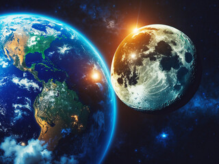 Obraz premium View of the planet earth and the moon from the space.