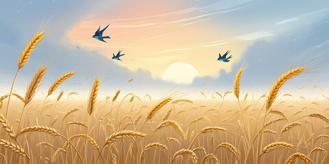 Golden Wheat Field Under Pastel Sunset Sky with Birds Flying in Tranquil Landscape