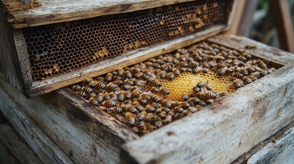 Wooden beehive with active honeycomb and bees in natural setting