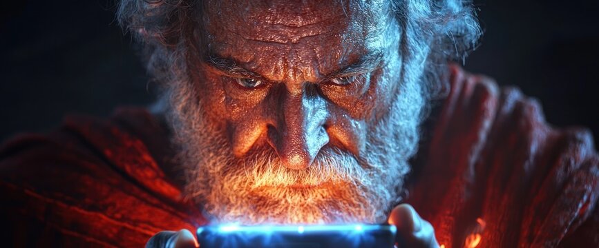 Intrigued Elder with glowing device