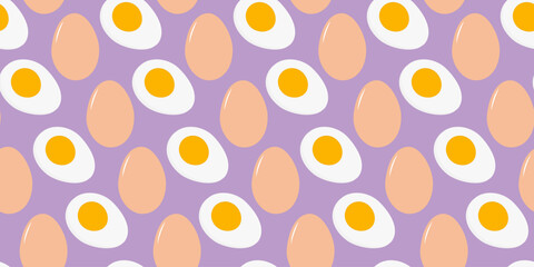 Half boiled egg with yolk and Whole beige egg Seamless Pattern Egg Day Background Trendy lilac fond