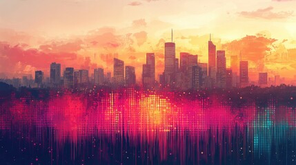 Vibrant city skyline at sunset with colorful sound wave patterns in foreground, creating a dynamic atmosphere