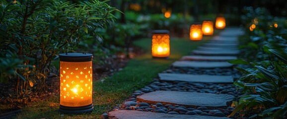 Pathway with lanterns at night