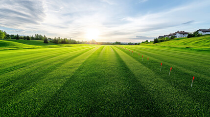 Obraz premium Field of trimmed grass with red surveying flags outlining property lines. Real estate potential surrounded by serene rural landscape and distant rooftops.