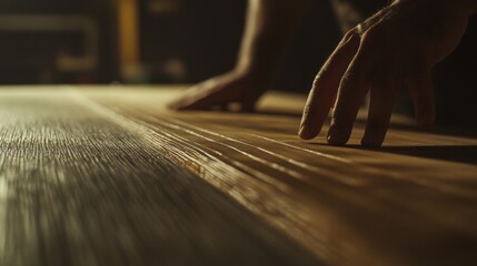 Carpenter measuring wood for a custom bookshelf. Featuring focus and accuracy