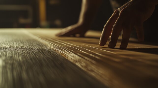 Carpenter measuring wood for a custom bookshelf. Featuring focus and accuracy