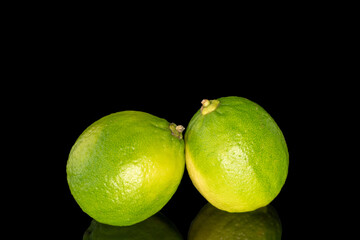 Several ripe limes, macro, isolated on black background.