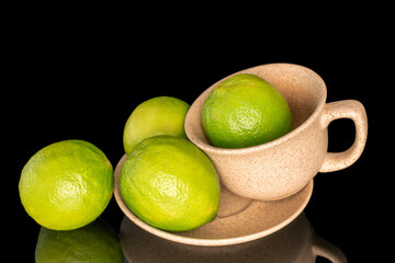 Several ripe limes with ceramic cup and saucer, close-up, isolated on black background.