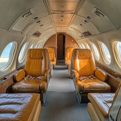 Fototapeta premium Interior of vintage jetliner with tan leather seats