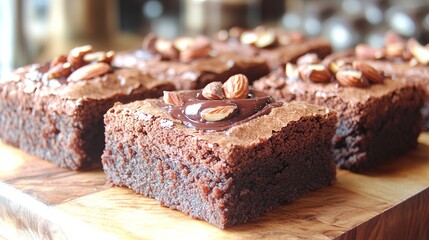 Fudgy brownies with a swirl of chocolate and roasted almond pieces on top 
