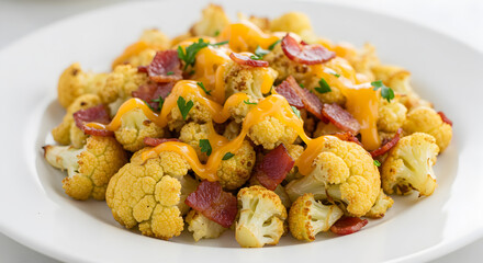 Cheesy Bacon Cauliflower Hash Served on a White Plate Tasty Recipe