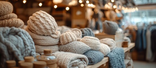 Obraz premium Knitted sweaters and hats on store shelves