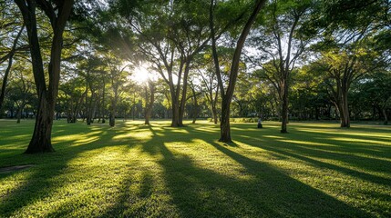 Obraz premium Sunlight shines through trees casting long shadows across the grass