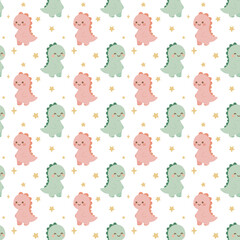 Seamless kawaii dinosaur pattern with transparent background – cute pastel pink and green baby dinos and stars for kids fabrics, wrapping paper, nursery decor, and digital projects