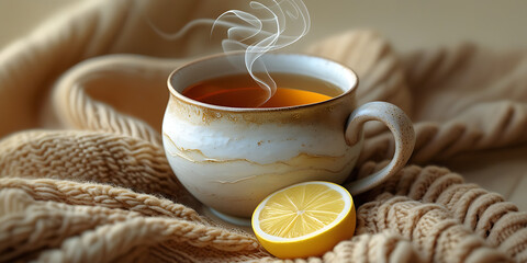 Steaming Cup of Tea on Cozy Knitted Blanket with Fresh Lemon Slice