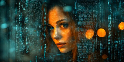 Woman With Data Overlay, Digital Binary Code, and Data Streams, Cybersecurity and Programming Visual