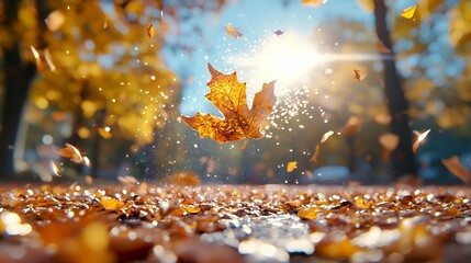 Golden maple leaf floating in autumn air