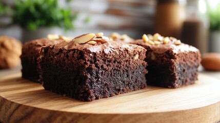 Fudgy brownies with a swirl of chocolate and roasted almond pieces on top 