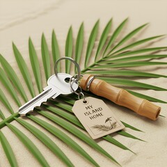 Vacation House Key with Bamboo Keychain – My Island Home Tag on Tropical Background