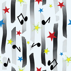 Pattern of bold vertical black music stripes with notes and stars in red, yellow, and blue on a neutral background. Perfect for seamless fashion textiles, website headers, party printables, wrapping