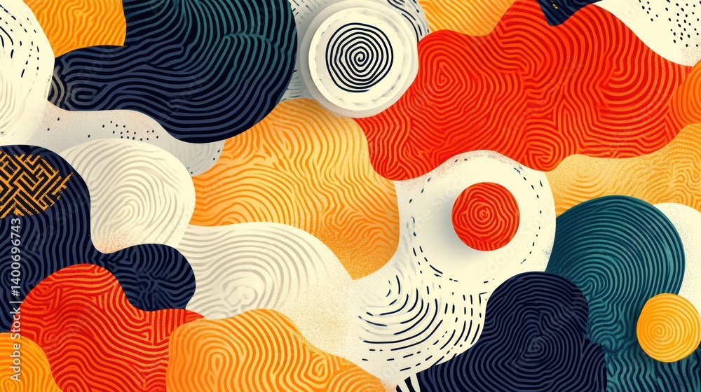 Poster abstract organic shapes background with vibrant colors and intricate line patterns creating a visual