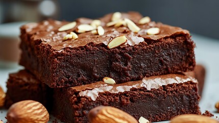 Fudgy brownies with a swirl of chocolate and roasted almond pieces on top 