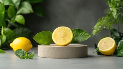 Fresh lemon slices on podium with green plants