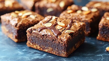 Fudgy brownies with a swirl of chocolate and roasted almond pieces on top 