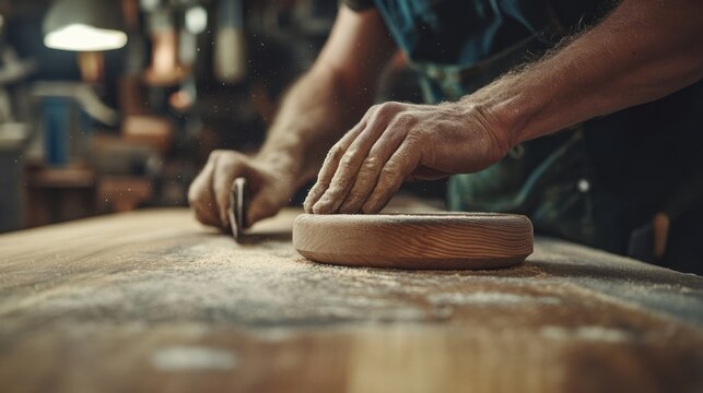 Carpenter sanding wood for a custom furniture piece. Featuring craftsmanship and care