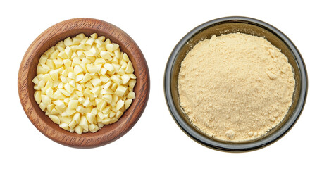 Top view of minced garlic and garlic powder in wooden and ceramic bowls, cooking seasoning ingredients on white or transparent background for culinary use and spice product packaging